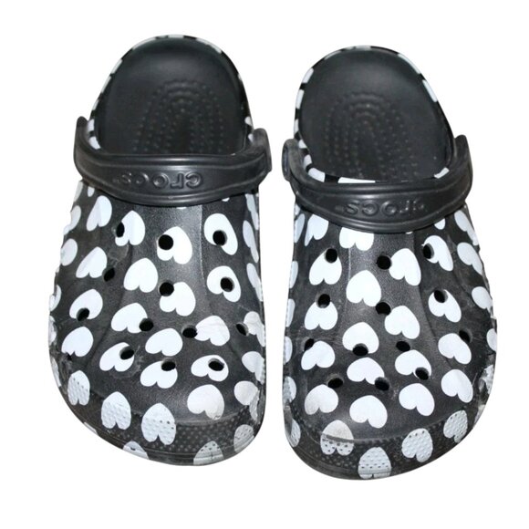 Mens 6 Womens 8 Crocs Black & White Heart Print Crocs - Picture 1 of 4